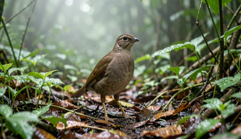 A forest francolin standing on moist leaf litter in a dense, humid enclosure with low rainforest plants around it.