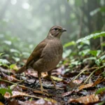 Forest Francolin Natural Habitat Replication & Complete Care Guide A forest francolin standing on moist leaf litter in a dense, humid enclosure with low rainforest plants around it.