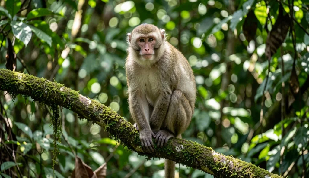 Formosan Rock Macaque perched on a branch in a Taiwan forest.