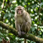 Formosan Rock Macaque perched on a branch in a Taiwan forest.