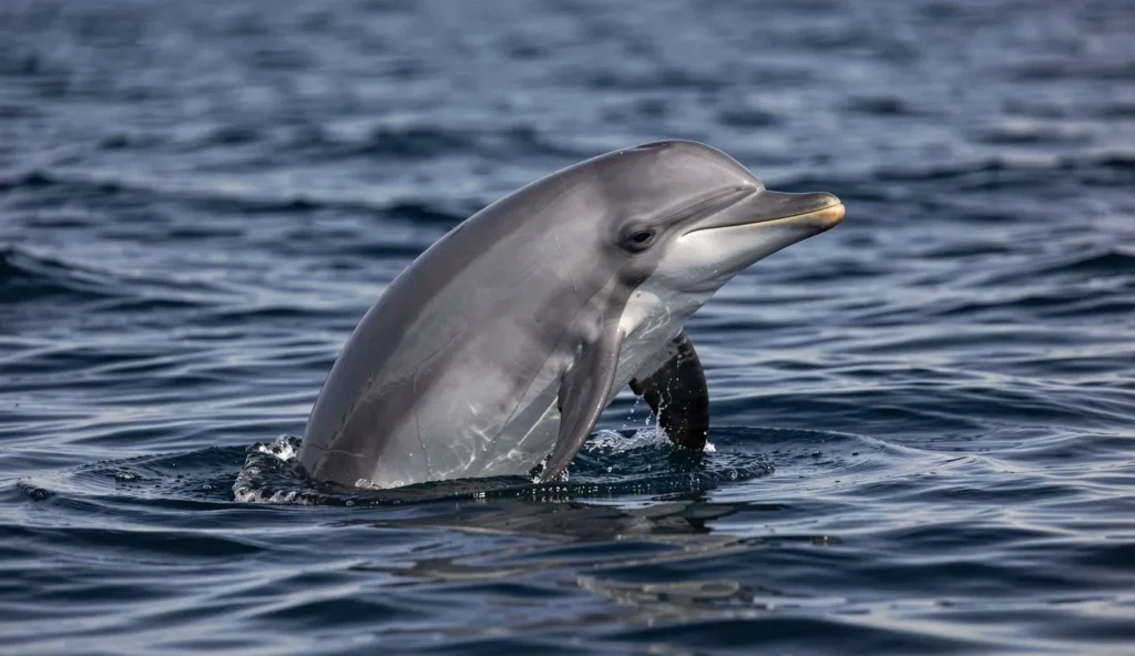 Fraser's Dolphin surfacing in deep tropical open water with a short beak visible above the ocean surface.
