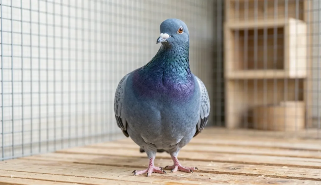 A blue French Mondain pigeon standing on a wooden floor inside a pigeon loft, showing its broad chest and short beak.