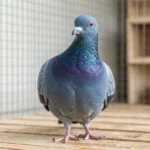 A blue French Mondain pigeon standing on a wooden floor inside a pigeon loft, showing its broad chest and short beak.