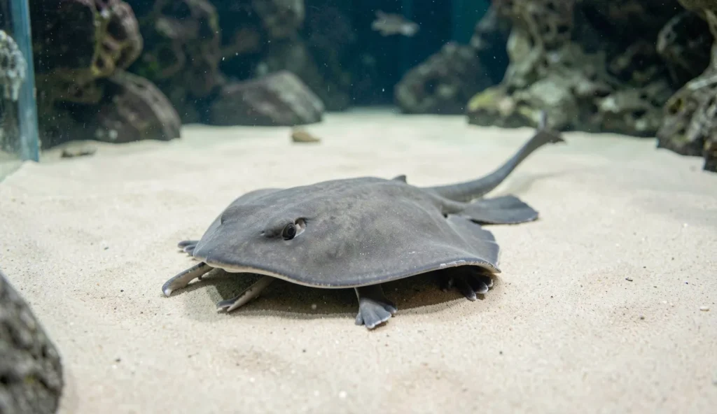 A freshwater stingray resting on smooth sand substrate inside a clear aquarium
