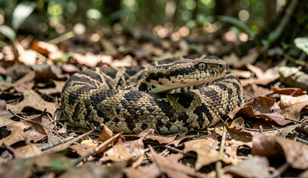 A Gaboon Viper resting on leaf litter in a shaded forest with its head slightly raised, showing its natural camouflage pattern.