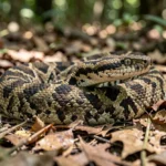 Gaboon Viper – Unique Fang Structure and Venom Complete Research Guide A Gaboon Viper resting on leaf litter in a shaded forest with its head slightly raised, showing its natural camouflage pattern.