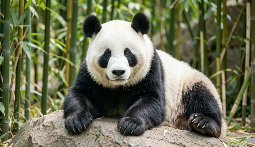 Gao Gao the male giant panda resting on a rock at the San Diego Zoo