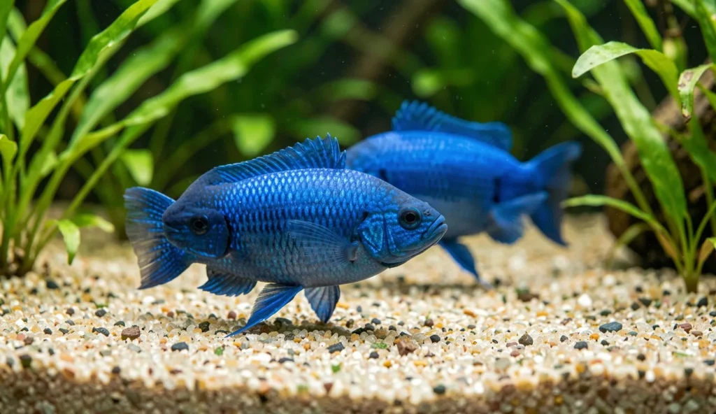 Two german blue ram cichlids swim calmly near the bottom substrate in a well-lit aquarium.