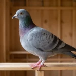 German Modena pigeon standing on a wooden perch, side view showing compact body and short beak.