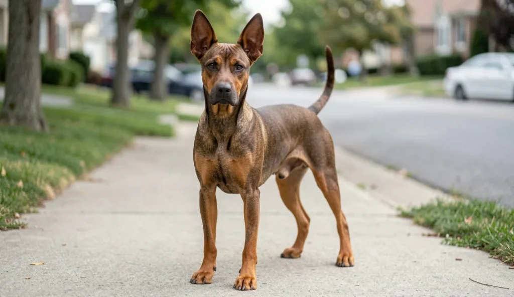 German Pinscher standing alert on a sidewalk with ears up and short coat visible in natural daylight.