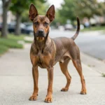 German Pinscher standing alert on a sidewalk with ears up and short coat visible in natural daylight.