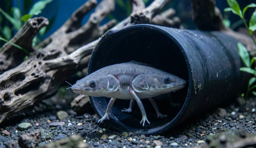Ghost knifefish resting in a tube hide under dim aquarium lighting with driftwood and plants in the background.