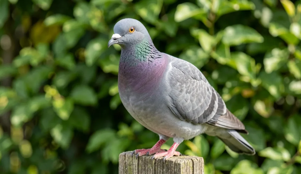 Close-up of a Gimpel pigeon with unique rounded head and short beak perched on a wooden post.