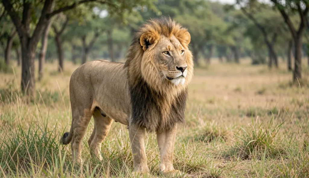 A male Gir forest lion standing in tall grass at the edge of a forest clearing in a protected area in India.