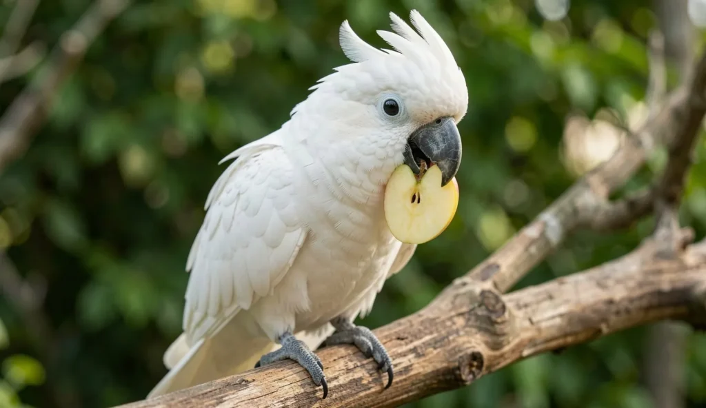 Goffin Cockatoo eating a slice of apple while perched on a wooden branch in a natural outdoor setting.