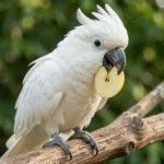 Goffin Cockatoo eating a slice of apple while perched on a wooden branch in a natural outdoor setting.