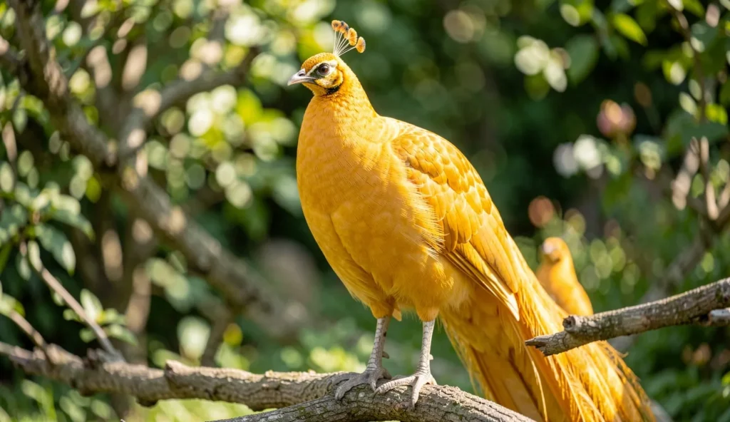 Close up of a gold peafowl showing iridescent yellow orange plumage in a sunlit garden.