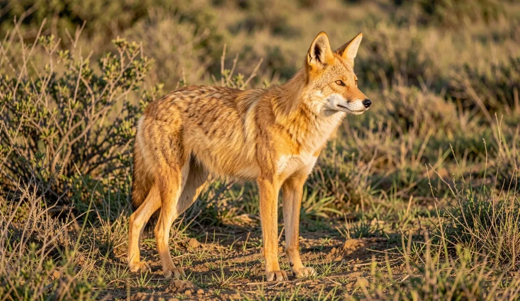 Golden jackal standing in profile in a scrub and grassland habitat with ears pricked and head turned slightly as if listening.