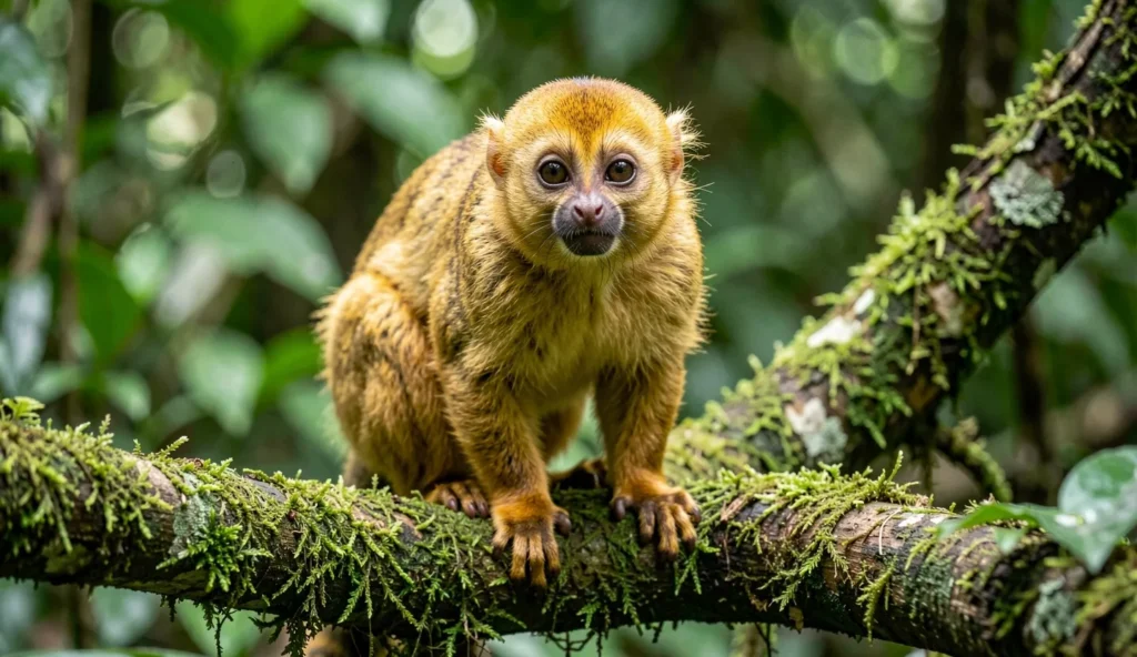 Golden Lion Tamarin perched on a branch in a rainforest with bright orange fur