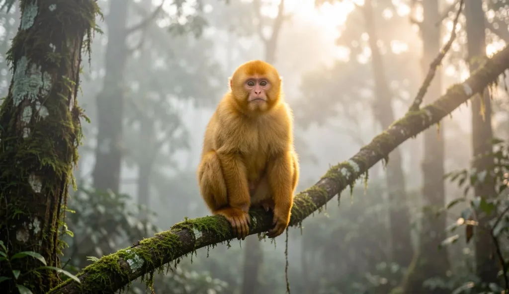 Golden Snub Nosed Monkey perched in a high altitude forest with golden fur