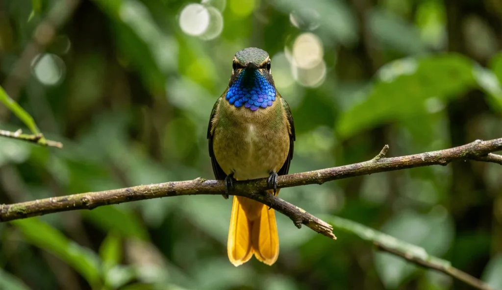 Golden-tailed Sapphire hummingbird perched on a branch with blue gorget and golden tail in the Amazon