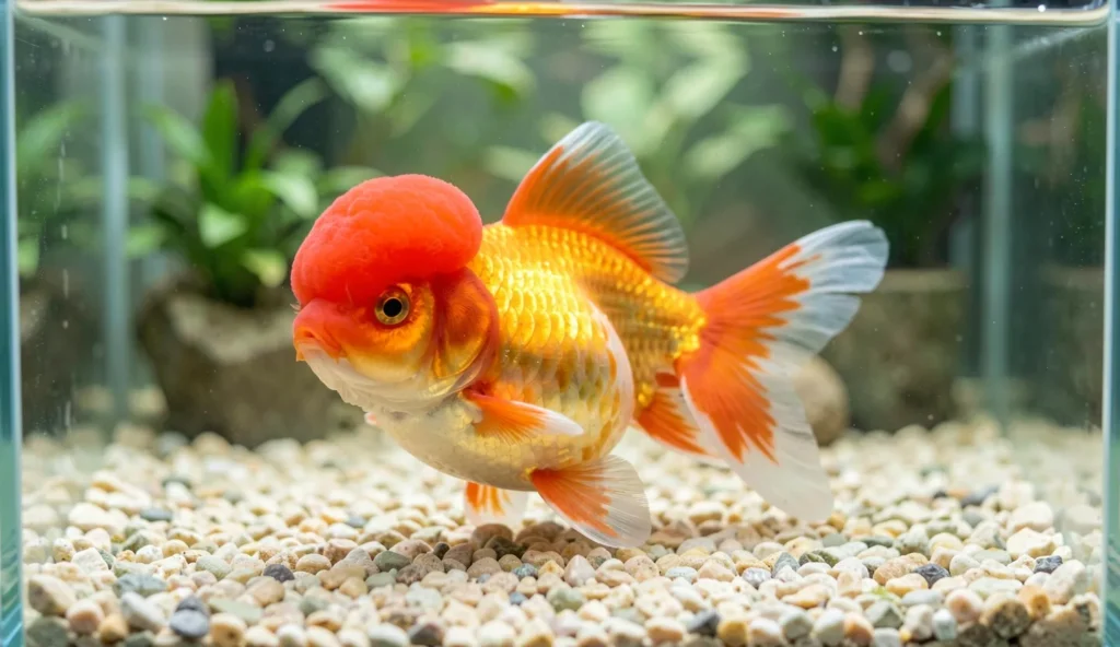 Oranda goldfish swimming in a clean aquarium with smooth substrate and gentle lighting.