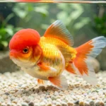 Oranda goldfish swimming in a clean aquarium with smooth substrate and gentle lighting.