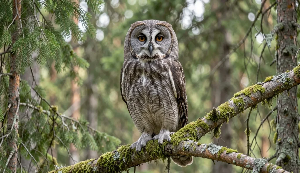 Great Gray Owl perched in a northern forest looking toward the camera