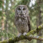 Great Gray Owl perched in a northern forest looking toward the camera