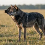 A gray wolf standing on the Great Plains grassland in late-afternoon light, facing left.