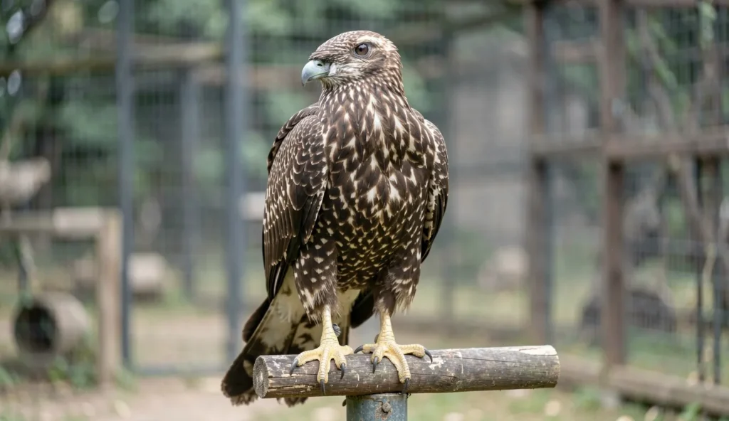 A Greater Spotted Eagle perched calmly on a sturdy outdoor perch in natural daylight, showing speckled plumage and steady talon grip.