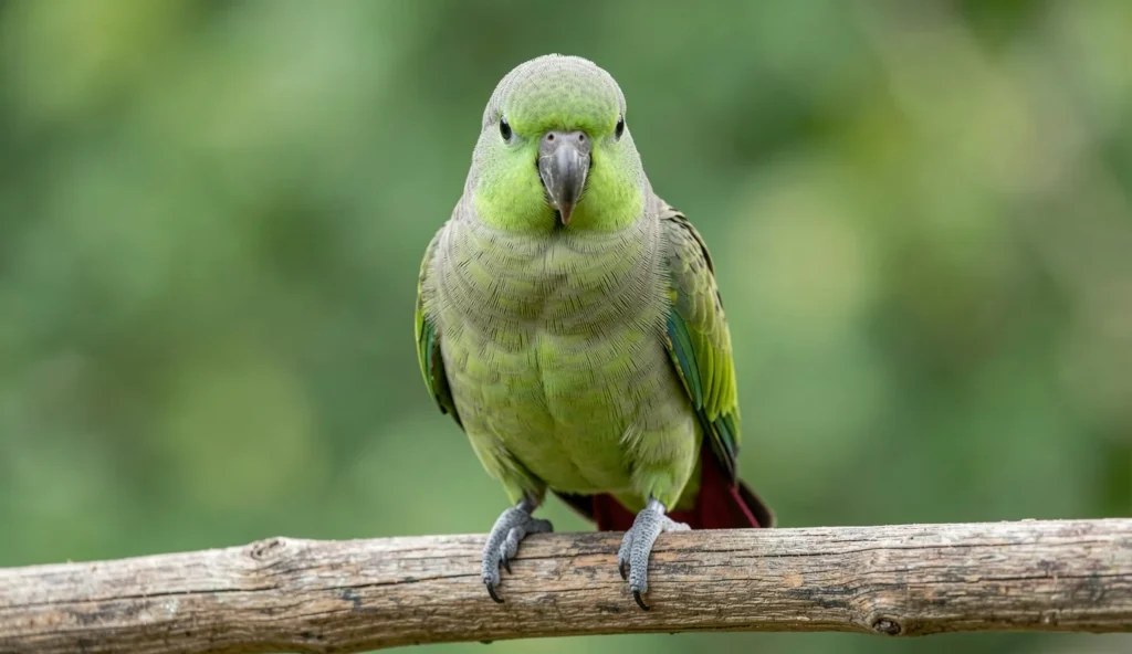 Green cheek conure perched on a branch with vibrant feathers.