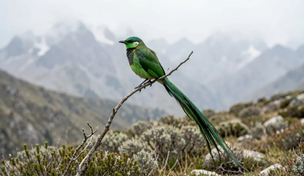 Close-up of a Green-Tailed Trainbearer with a long forked tail perched in the Andean highlands