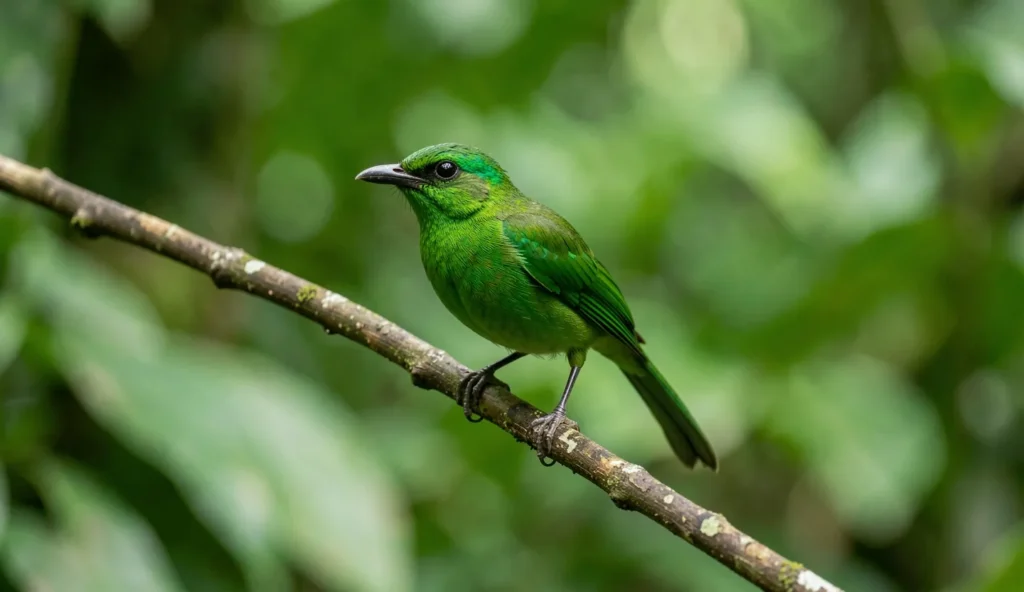 Close up of a Green Thorntail hummingbird perched on a branch in a lush Central American forest