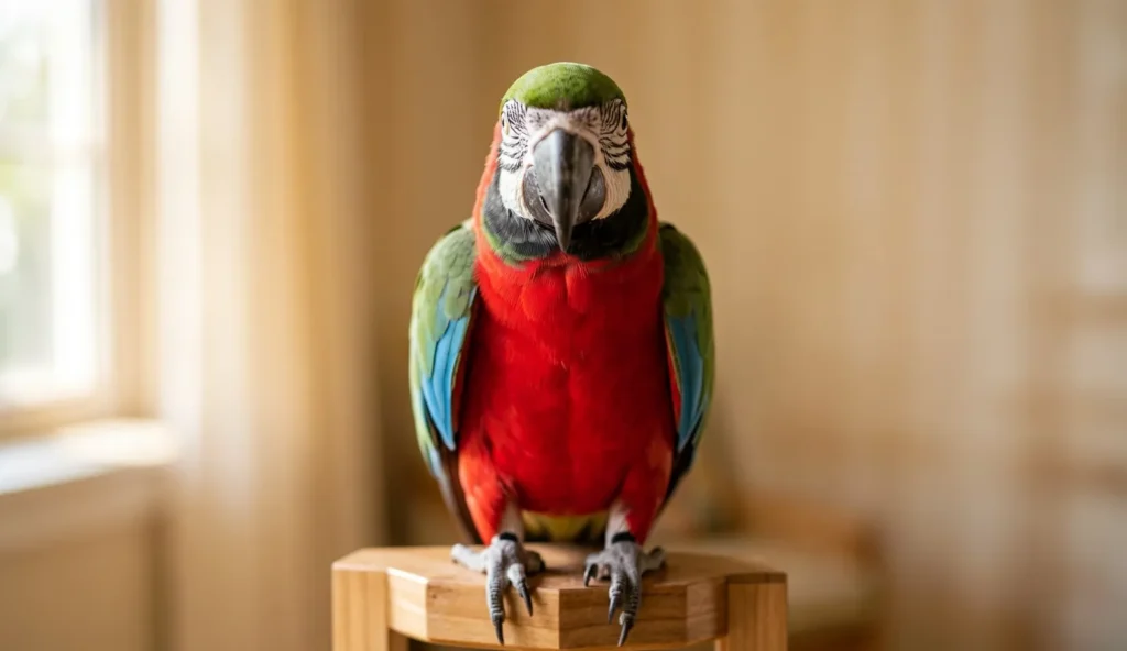 A green winged macaw perching on a wooden stand, looking calmly at the camera with its red and green feathers visible.