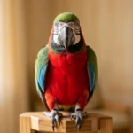 Green Winged Macaw Temperament and Bonding – A Complete Guide A green winged macaw perching on a wooden stand, looking calmly at the camera with its red and green feathers visible.