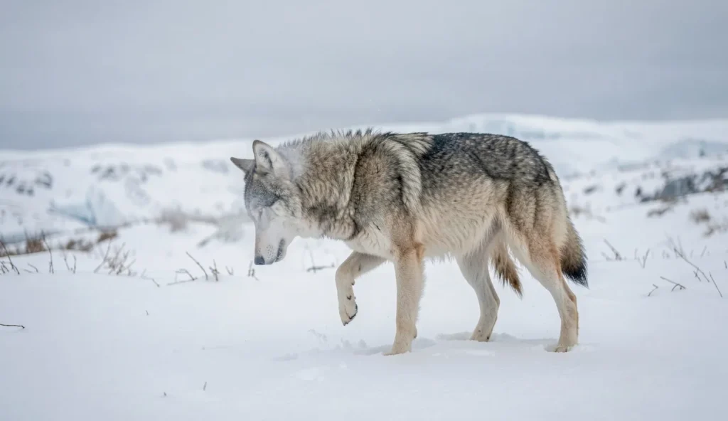 Adult wolf standing on Arctic snow with cold overcast light and distant tundra in Greenland terrain