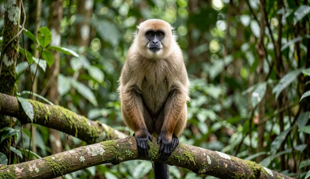 Adult Guereza Colobus monkey perched on a branch in a rainforest