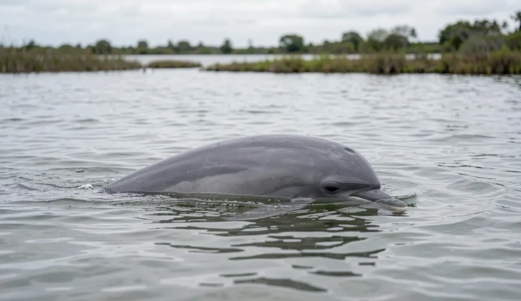 Guiana dolphin swimming near the surface in shallow coastal estuary water with distant shoreline vegetation.