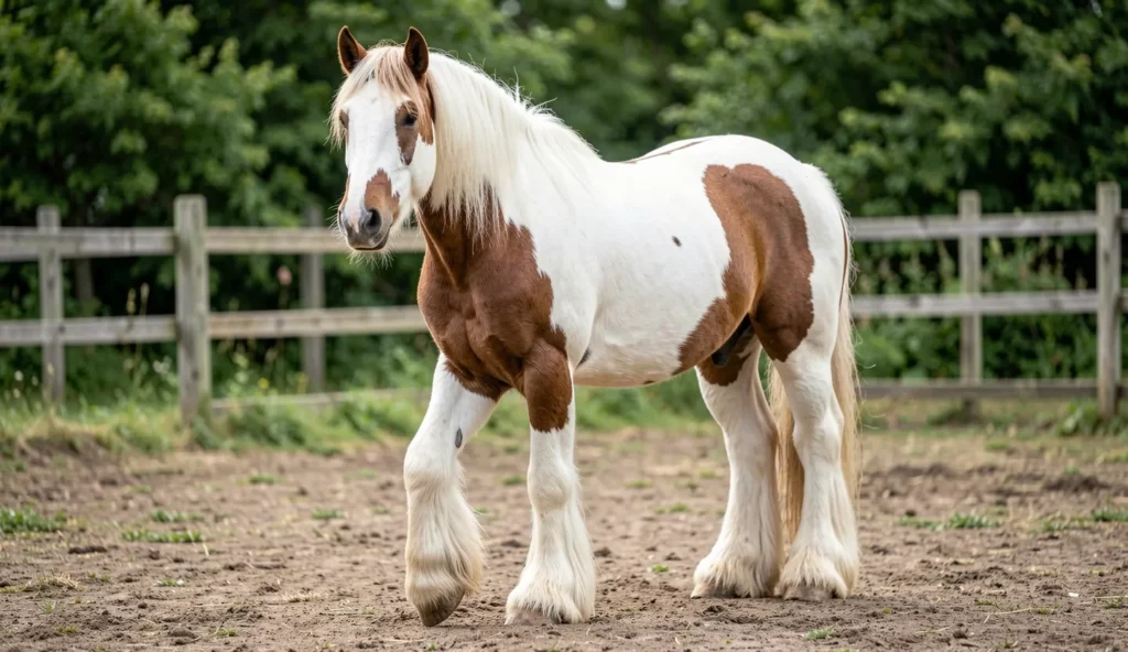 Gypsy Vanner horse with piebald coat and long feathering on the lower legs standing calmly outdoors in natural daylight.