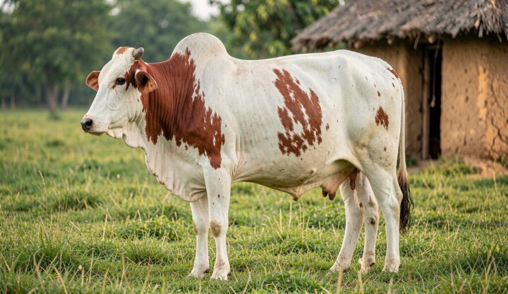 Side view of a Gyr cow with a large hump and dewlap standing in a grassy field in rural India