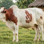 Gyr Cattle – The Sacred Zebu Breed from India Side view of a Gyr cow with a large hump and dewlap standing in a grassy field in rural India