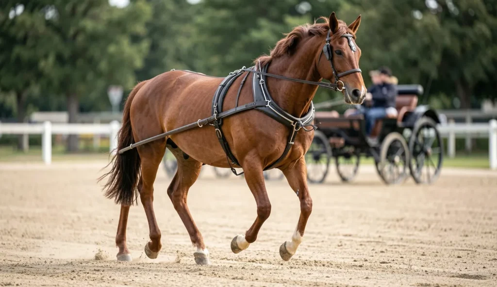 A Hackney horse trotting in driving harness with high knee action on an outdoor arena.