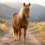 A chestnut Haflinger horse stands calmly on a dirt trail with a relaxed posture and attentive ears.