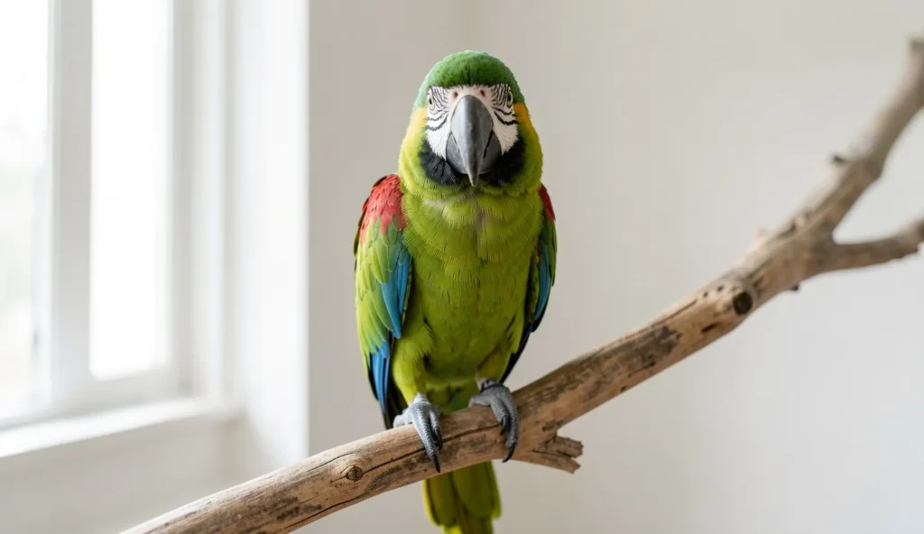A green Hahn Macaw with red shoulder patches perched on a wooden stand indoors.