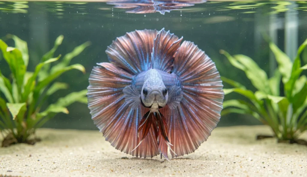 Adult halfmoon betta fish flaring its tail into a rounded semicircle in a planted aquarium.