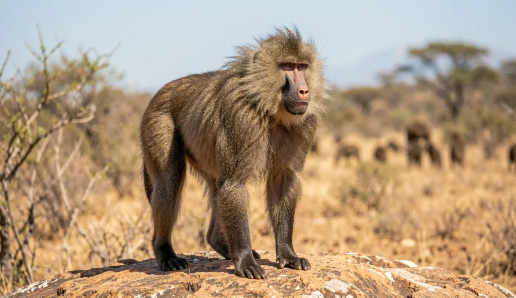 Male Hamadryas baboon with a distinctive cape standing on a rock in dry savanna.