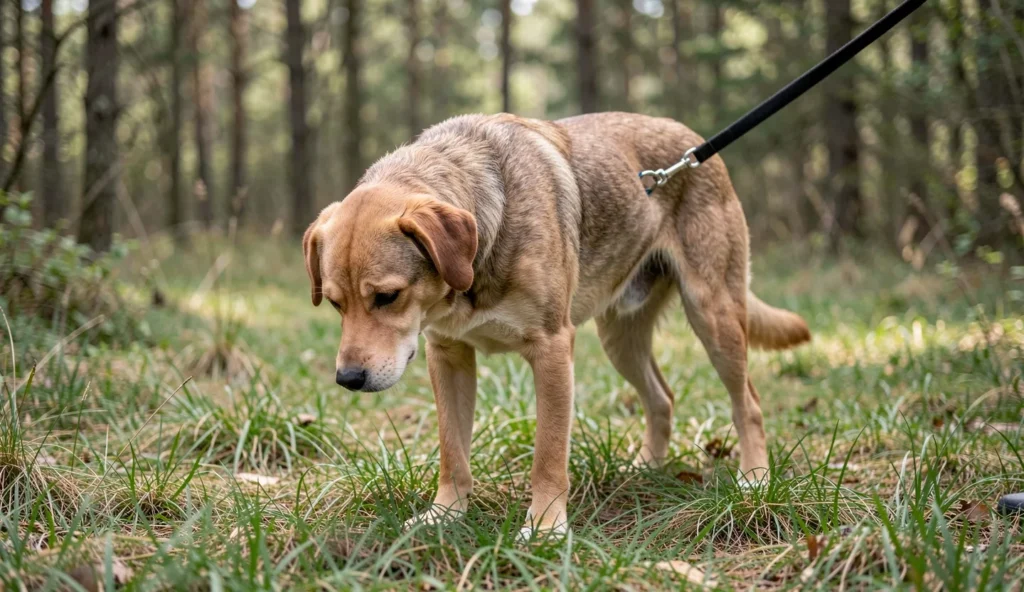 Hamiltonstovare scent hound standing on a grass path in a forest, head lowered as if tracking a scent.