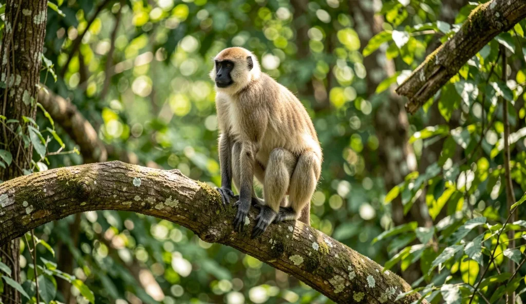 Hanuman Langur perched on a tree branch in a forest in India