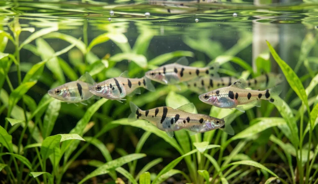 Several harlequin rasbora fish swimming in a planted aquarium with visible black wedge markings.